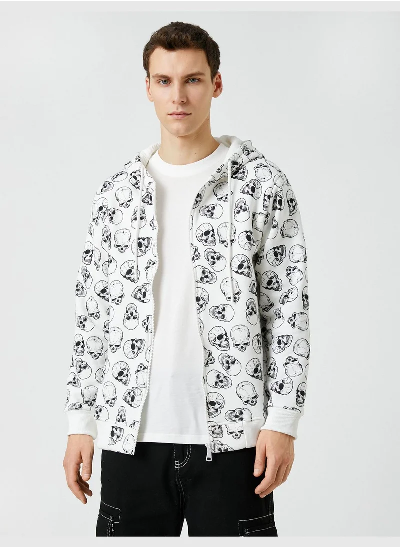 KOTON Zippered Hoodie Skull Printed Pocket Detailed