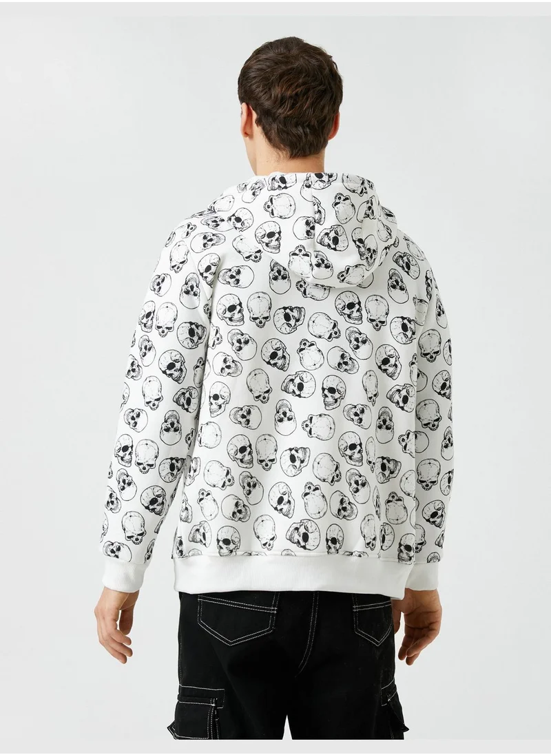 KOTON Zippered Hoodie Skull Printed Pocket Detailed
