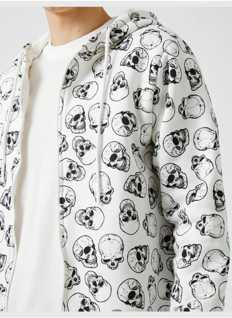 KOTON Zippered Hoodie Skull Printed Pocket Detailed