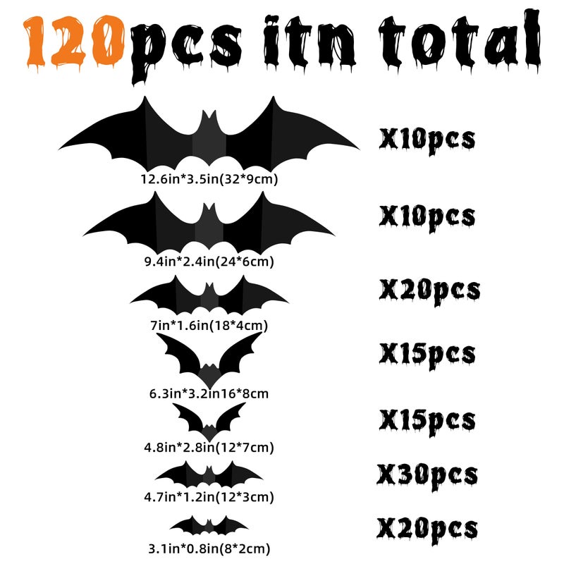 TDHDIKE Bats Wall Decor 120PCS Halloween Decoration Bats Realistic PVC 3D Black Scary Bat Wall Stickers for Creepy Home Decor Halloween Party Decorations DIY Wall Decal Bathroom Indoor Halloween Decor  - Image 2