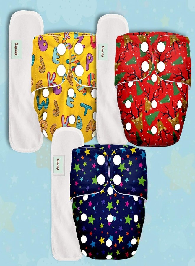 Deedry Oeko-Tex Certified Baby Cloth Diapers Washable & Reusable Diapers with Adjustable Snap Buttons | 3 Months- 3 Years |(With 3 Inserts, Combo of 3) - Image 1