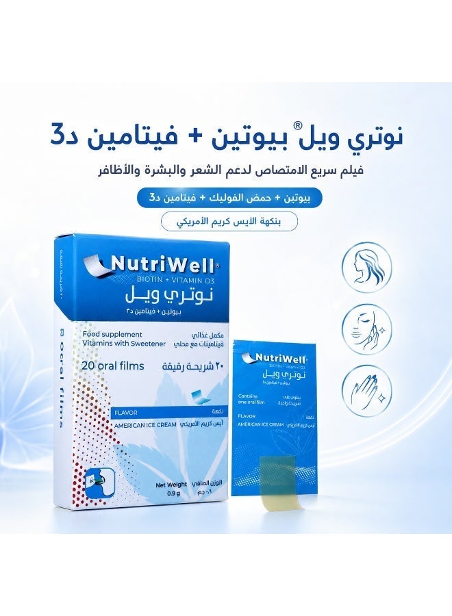 NutriWell BIOTIN + Vitamin D3 - innovative ODF with Biotin, Folic Acid and Vitamin D3 to support hair, skin, and nail health - American Ice Cream Flavor - Image 1