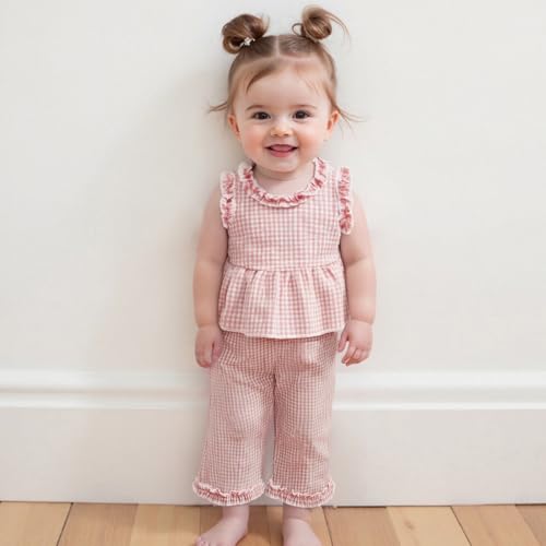 GOOCHEER Toddler Girl Clothes Baby Summer Outfits Plaid Ruffle Sleeveless Vest Tank Tops Pants Set 12 18 24 Month 2T 3T 4T (#Ruffle-Pink, 6-12 Months) - Image 3