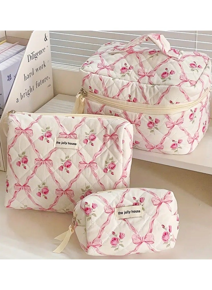 حقيبة ماكياج 3pcs مع تصميم ناعم ومدمج ، سعة كبيرة-وردي - Image 1