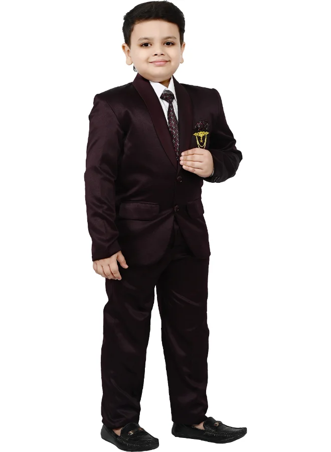BT DEZINES Wine Brown Satin Suit Set for Boys