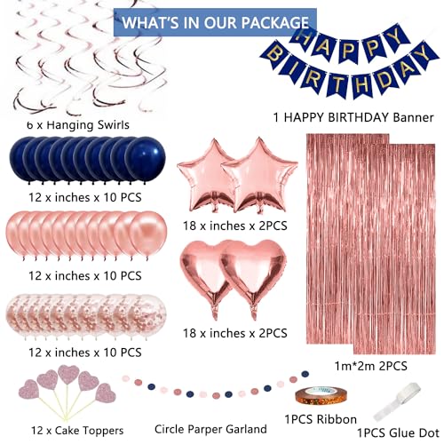 HGH Navy Blue Rose Gold Happy Birthday Decorations Kit Rose Gold Balloons Birthday Party Supplies for Women Girls Men Happy Birthday Banner Circle Dot Garland Fringe Curtains Latex Confetti Balloons - Image 5