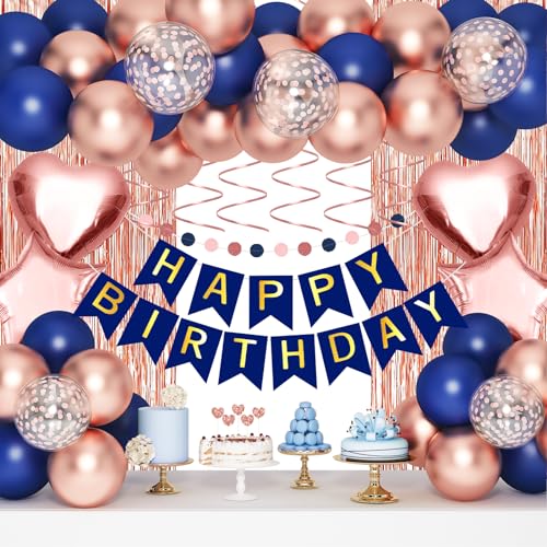HGH Navy Blue Rose Gold Happy Birthday Decorations Kit Rose Gold Balloons Birthday Party Supplies for Women Girls Men Happy Birthday Banner Circle Dot Garland Fringe Curtains Latex Confetti Balloons - Image 1