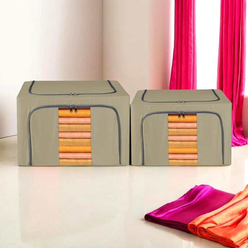 Kuber Industries Kuber Industries Pack of 2 Clothes Storage Box 24 Ltr Small and 66 Ltr Large Waterproof Storage Box for Blankets Underbed Storage Bag Parachute Steel Frame Wardrobe Organizer Brown  - Image 1