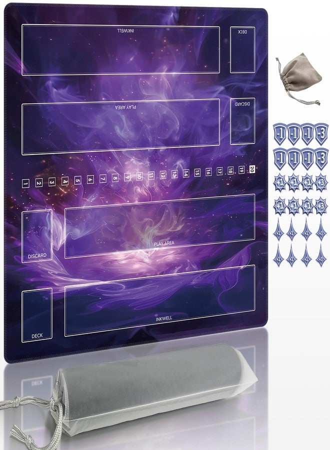 Extalas Playmat Compatible Lorcana with 2 Sets of Damage Counters & Professional Storage Bag, 24x24 Inches TCG Gaming Mat with Non-Slip Rubber and Zones for 2-Player (Purple1) - Image 1