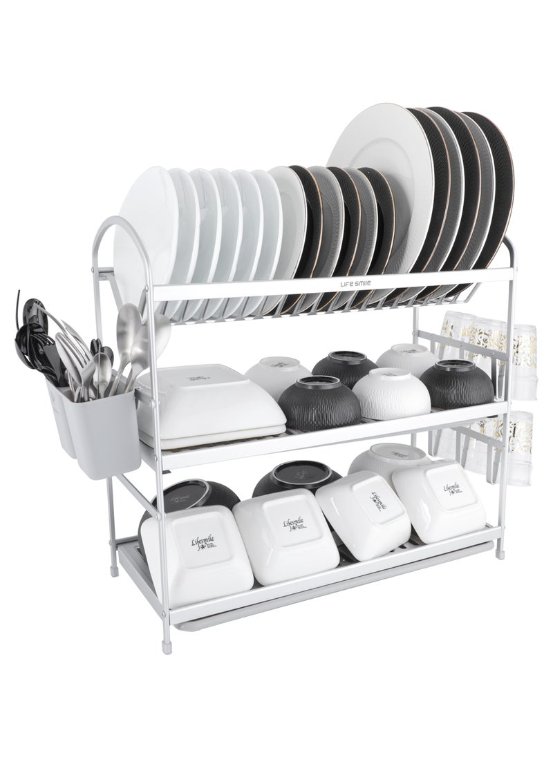 Life Smile - Dish Drying Rack, Rust-Resistant 3 Tier Dish Rack with Drainboard Set, Dish Drainer with Utensil Holder & Cup Holder for Kitchen Counter- Kitchen Organizer Chrome - Image 1
