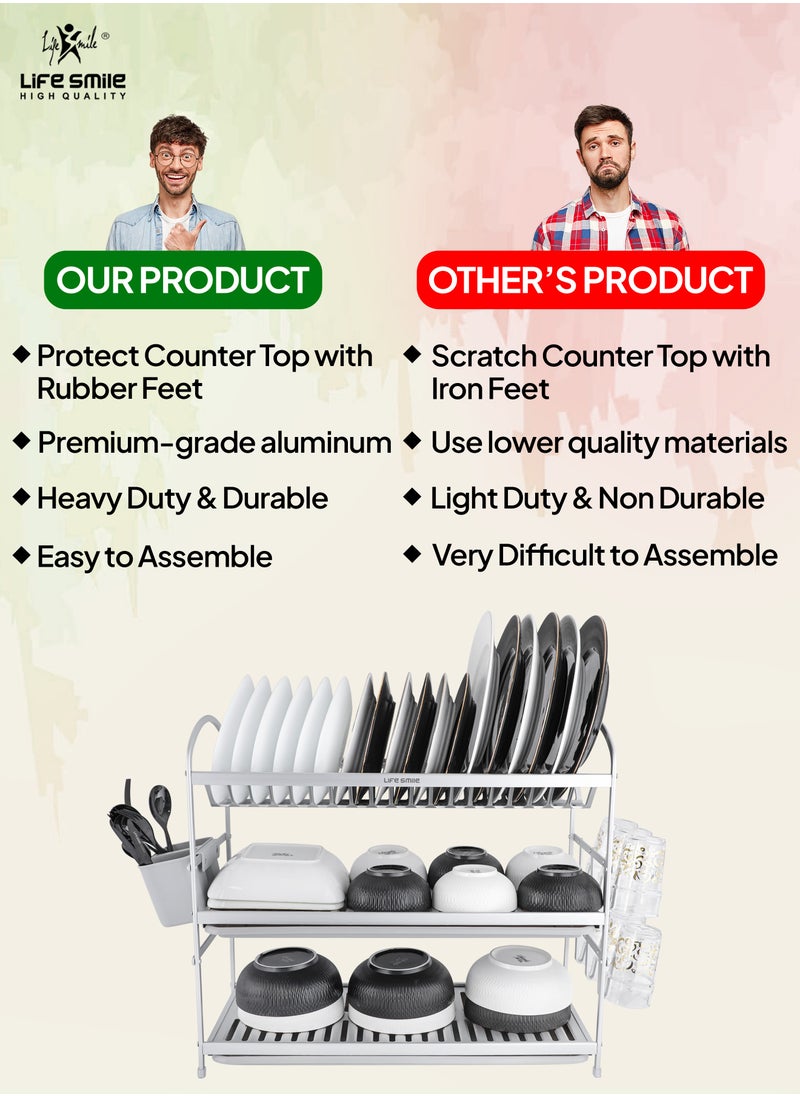 Life Smile - Dish Drying Rack, Rust-Resistant 3 Tier Dish Rack with Drainboard Set, Dish Drainer with Utensil Holder & Cup Holder for Kitchen Counter- Kitchen Organizer Chrome - Image 1