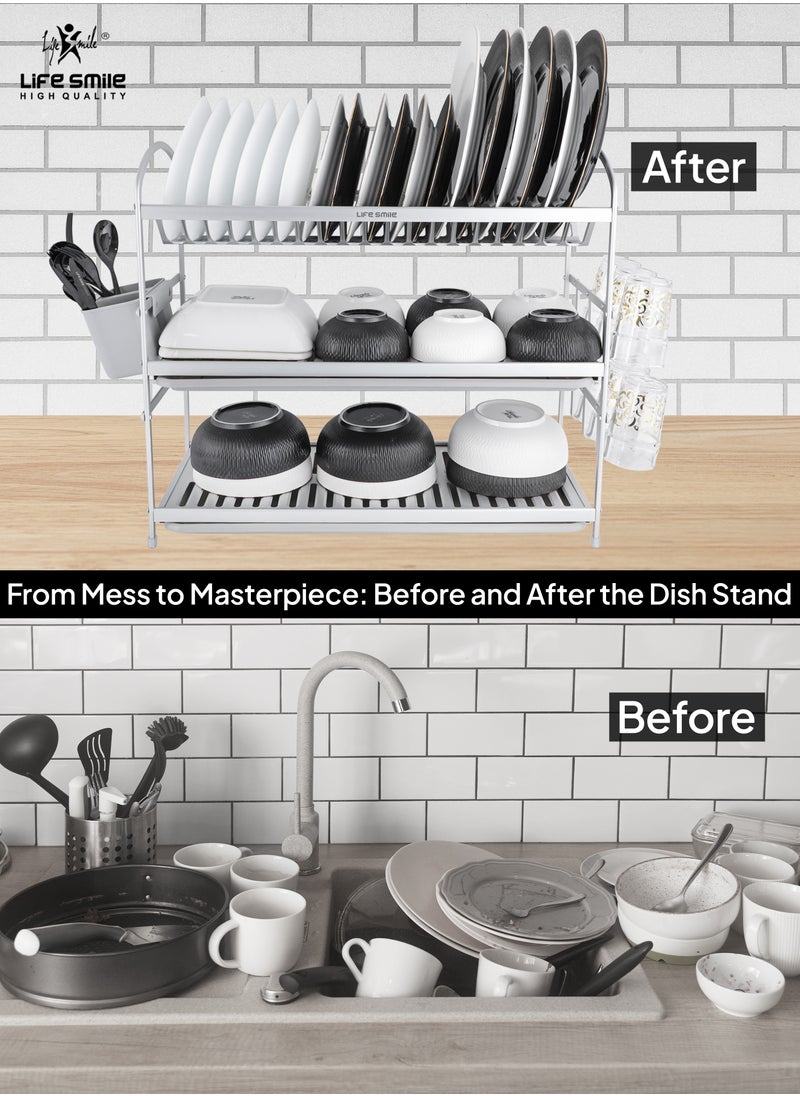 Life Smile - Dish Drying Rack, Rust-Resistant 3 Tier Dish Rack with Drainboard Set, Dish Drainer with Utensil Holder & Cup Holder for Kitchen Counter- Kitchen Organizer Chrome - Image 1