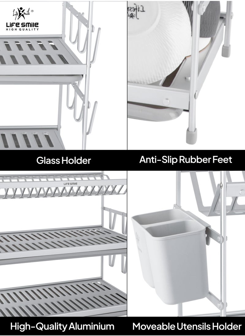 Life Smile - Dish Drying Rack, Rust-Resistant 3 Tier Dish Rack with Drainboard Set, Dish Drainer with Utensil Holder & Cup Holder for Kitchen Counter- Kitchen Organizer Chrome - Image 1