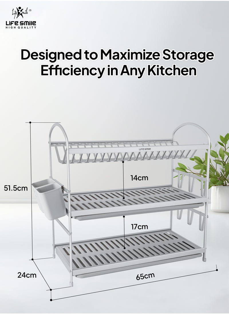 Life Smile - Dish Drying Rack, Rust-Resistant 3 Tier Dish Rack with Drainboard Set, Dish Drainer with Utensil Holder & Cup Holder for Kitchen Counter- Kitchen Organizer Chrome - Image 1