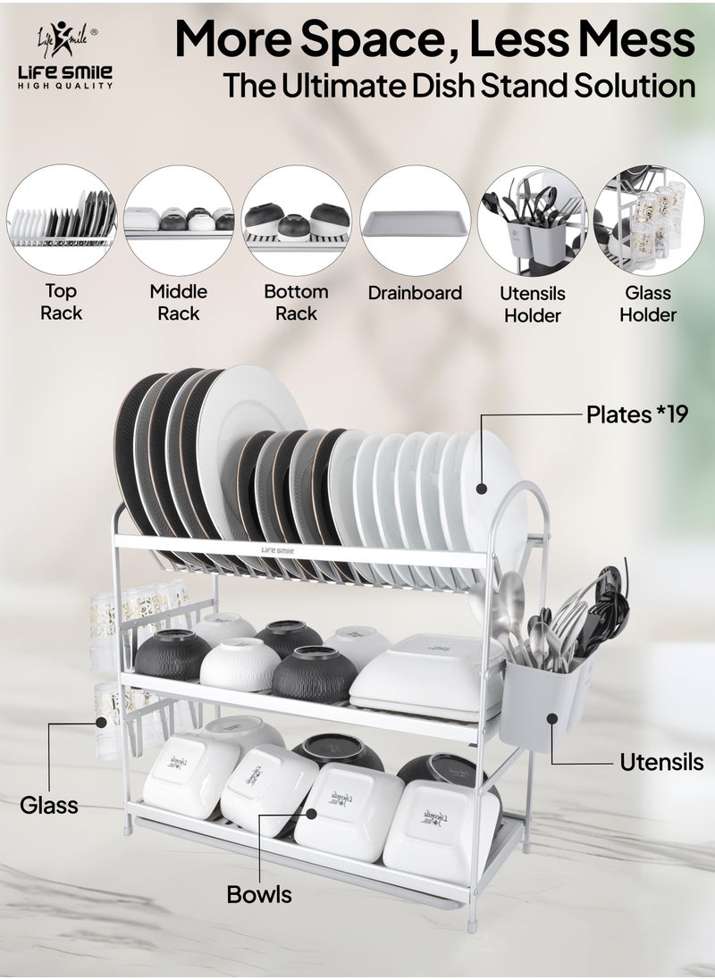 Life Smile - Dish Drying Rack, Rust-Resistant 3 Tier Dish Rack with Drainboard Set, Dish Drainer with Utensil Holder & Cup Holder for Kitchen Counter- Kitchen Organizer Chrome - Image 1