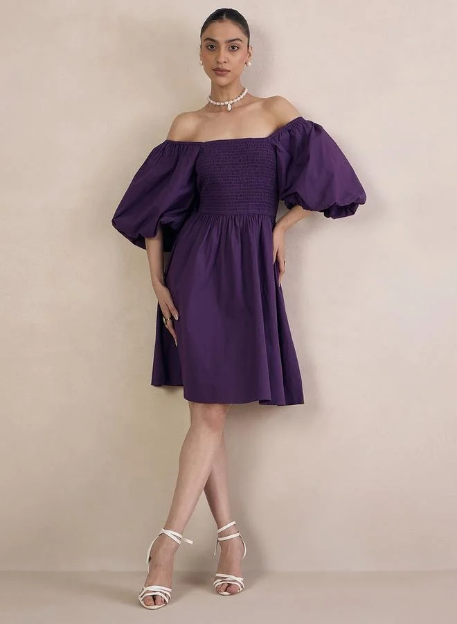 Femmella Femmella Puff Sleeve Off Shoulder Neck Mini Dress with Smocked Detail