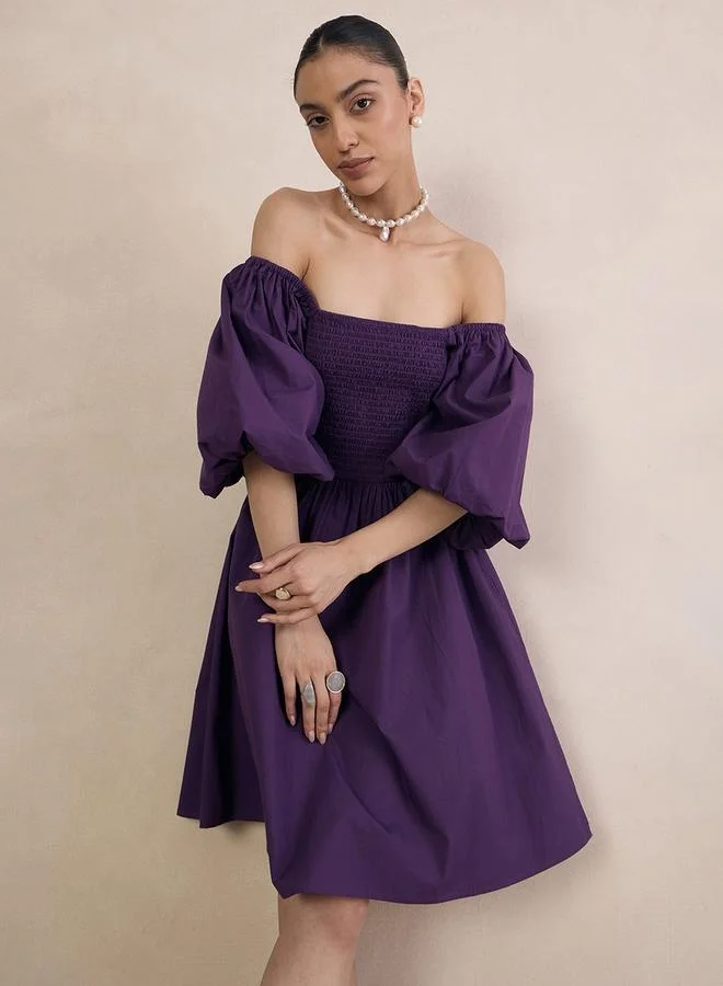 Femmella Femmella Puff Sleeve Off Shoulder Neck Mini Dress with Smocked Detail