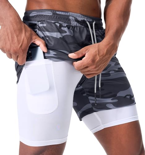 Surenow Men's Running Shorts Quick Dry Workout Gym Shorts Athletic 2-in-1 Stealth Shorts Outdoor Short for Men with Pockets Camouflage Grey - Image 1