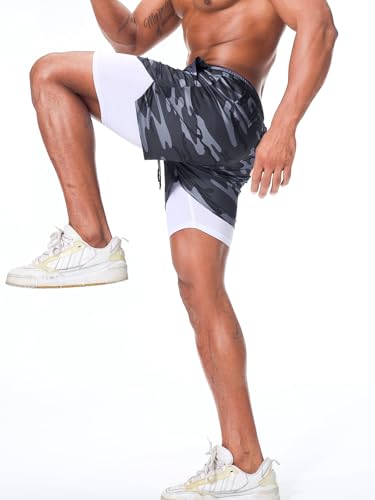 Surenow Men's Running Shorts Quick Dry Workout Gym Shorts Athletic 2-in-1 Stealth Shorts Outdoor Short for Men with Pockets Camouflage Grey - Image 3