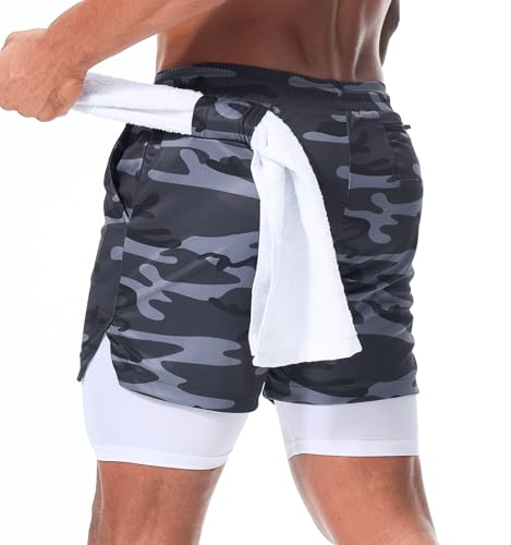 Surenow Men's Running Shorts Quick Dry Workout Gym Shorts Athletic 2-in-1 Stealth Shorts Outdoor Short for Men with Pockets Camouflage Grey - Image 2