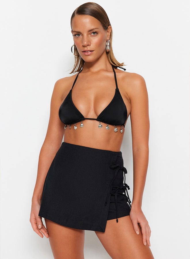 trendyol Black Woven Tied Flamed Cotton Beach Short Skirt  - Image 1