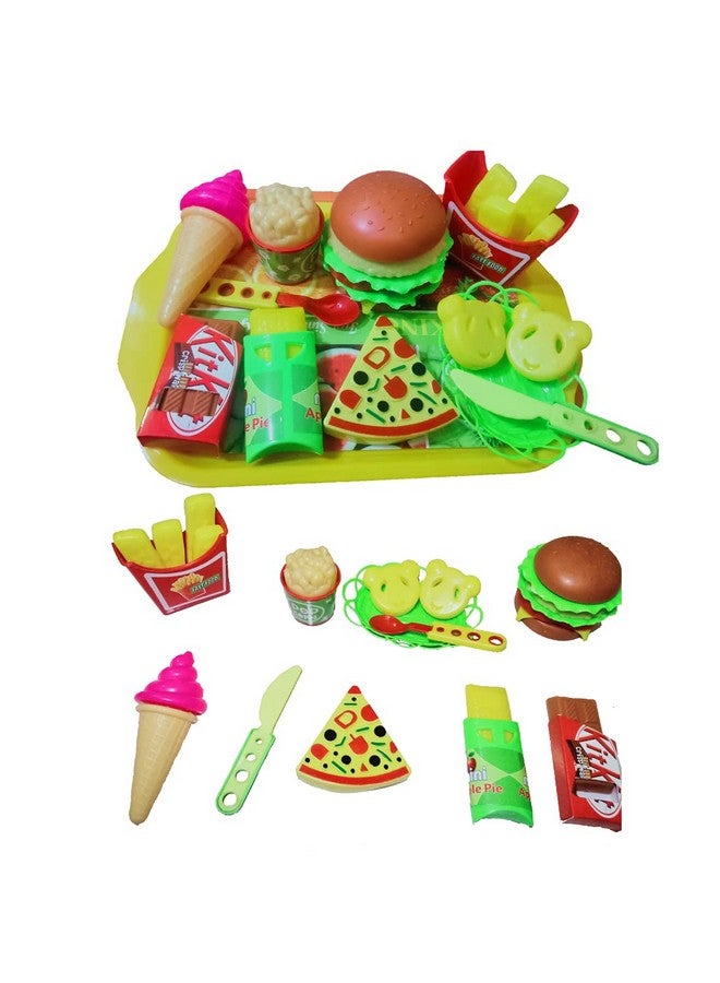 Unique Gifts  Toys DIY Pretend Fast Food Kitchen Play Set Plastic Burger Pizza Set Fries Ice Cream Pop Corn Etc. - (25 Pieces, Multicolour) for Boys  Girls Above 3 Years - Image 1
