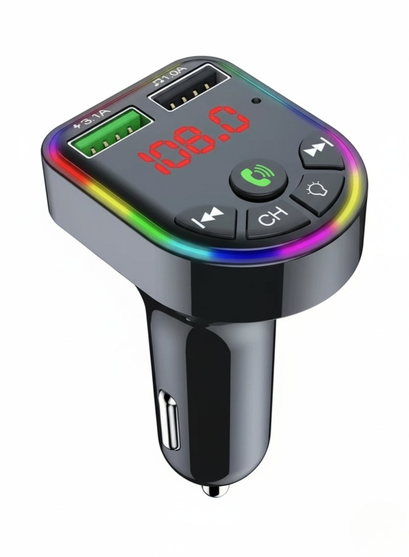 OALE Car Charger & Bluetooth FM Transmitter – 2 USB-A + 1 Type-C Ports, 3.1A Fast Charging, RGB Ambient Light, TF/USB MP3 Playback, Hands-Free Calling, Includes Charging Cable – Black - Image 1