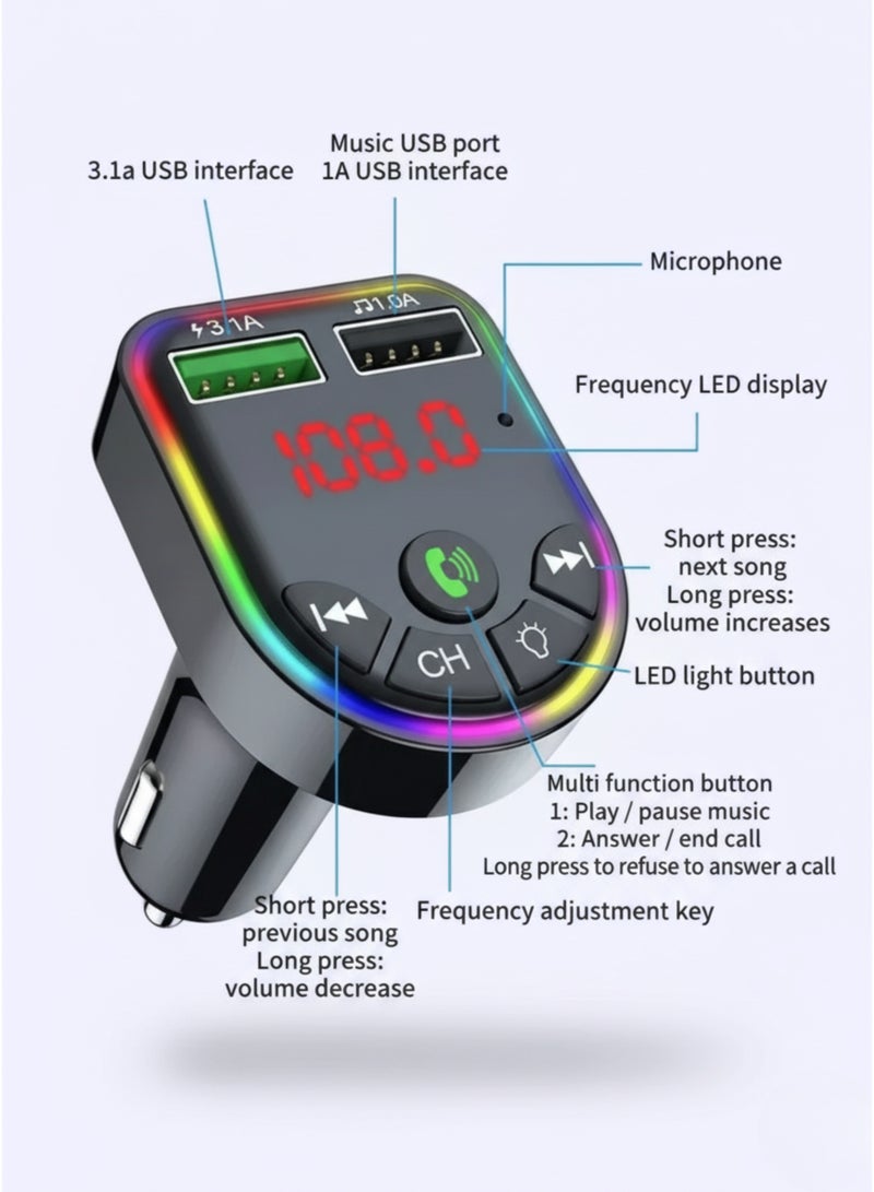 OALE Car Charger & Bluetooth FM Transmitter – 2 USB-A + 1 Type-C Ports, 3.1A Fast Charging, RGB Ambient Light, TF/USB MP3 Playback, Hands-Free Calling, Includes Charging Cable – Black - Image 4