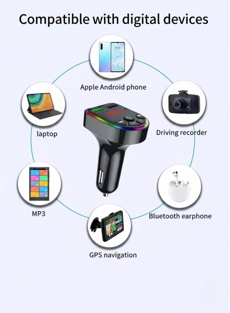 OALE Car Charger & Bluetooth FM Transmitter – 2 USB-A + 1 Type-C Ports, 3.1A Fast Charging, RGB Ambient Light, TF/USB MP3 Playback, Hands-Free Calling, Includes Charging Cable – Black - Image 5