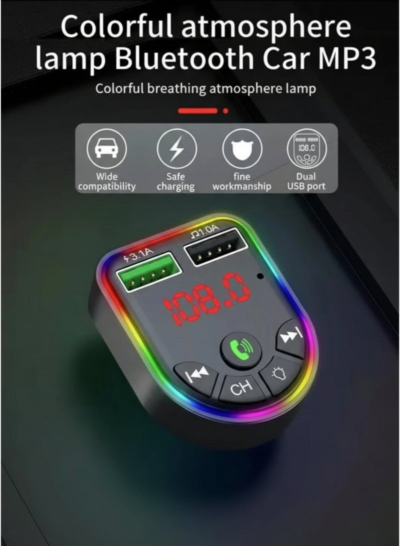 OALE Car Charger & Bluetooth FM Transmitter – 2 USB-A + 1 Type-C Ports, 3.1A Fast Charging, RGB Ambient Light, TF/USB MP3 Playback, Hands-Free Calling, Includes Charging Cable – Black - Image 2