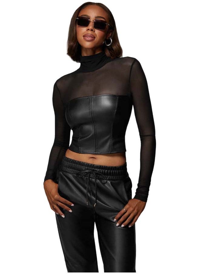 bebe Mock Neck Mesh Combo Vegan Leather Top  - Image 1