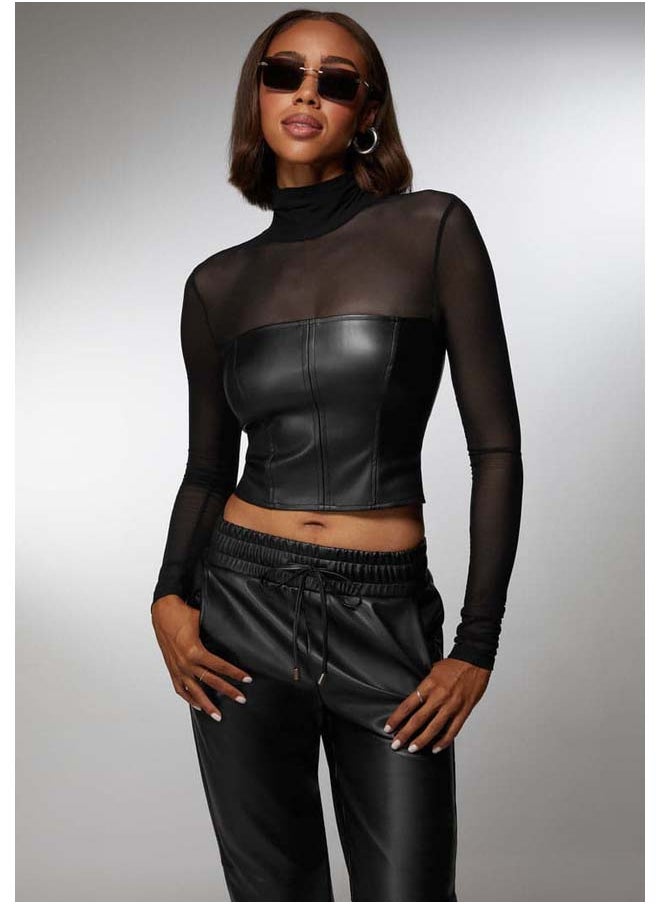 bebe Mock Neck Mesh Combo Vegan Leather Top  - Image 2