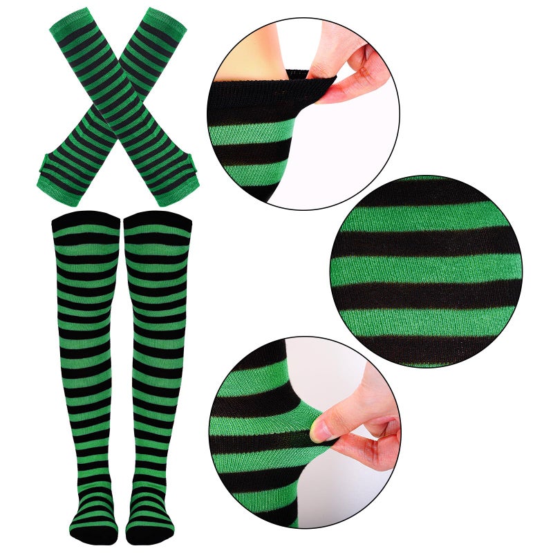 Tongcloud Womens Socks Striped Knee High Socks Arm Warmer Fingerless Gloves Set Over Knee Thigh High Arm Warmer Gloves (Black and Green) - Image 3