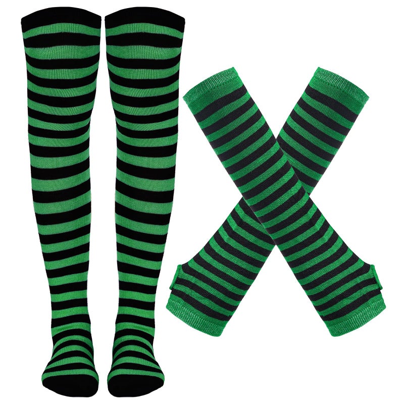 Tongcloud Womens Socks Striped Knee High Socks Arm Warmer Fingerless Gloves Set Over Knee Thigh High Arm Warmer Gloves (Black and Green) - Image 1