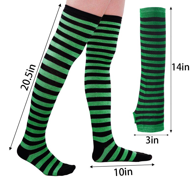 Tongcloud Womens Socks Striped Knee High Socks Arm Warmer Fingerless Gloves Set Over Knee Thigh High Arm Warmer Gloves (Black and Green) - Image 2
