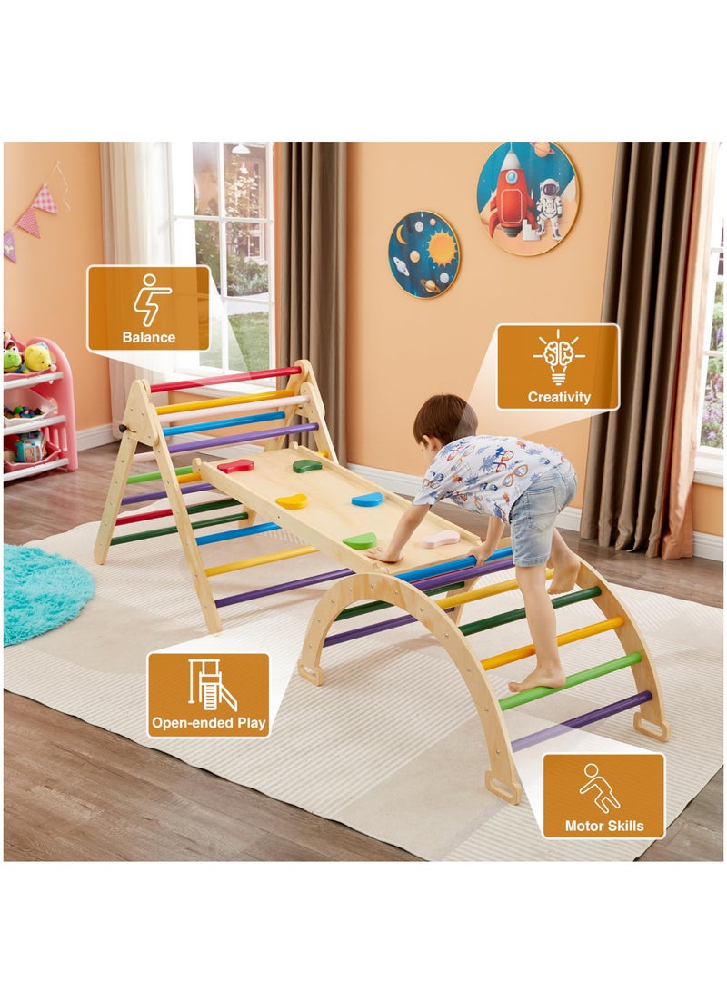 XiuWoo 5 in 1 Pikler Triangle Gym, Montessori Foldable Wooden Climbing Set with Ramp, Arch Climber and Rocker, Toddlers Climbing Triangle Learning Waldorf Children Jungle Gym for Kids 2-6 Years (Rainbow) - Image 3