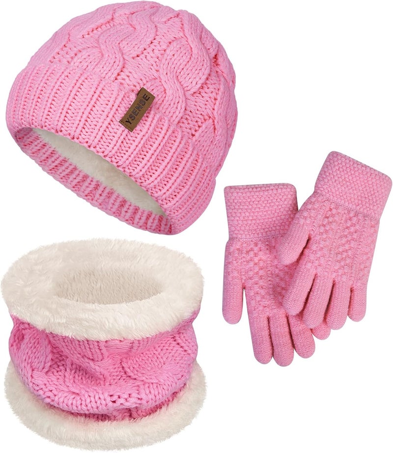 YSense 3 Pcs Kids Winter Beanie Hat Scarf Gloves Set Thick Knit Warm Fleece Fuzzy Lined Beanie Caps Mittens for Boys Girls - Image 1