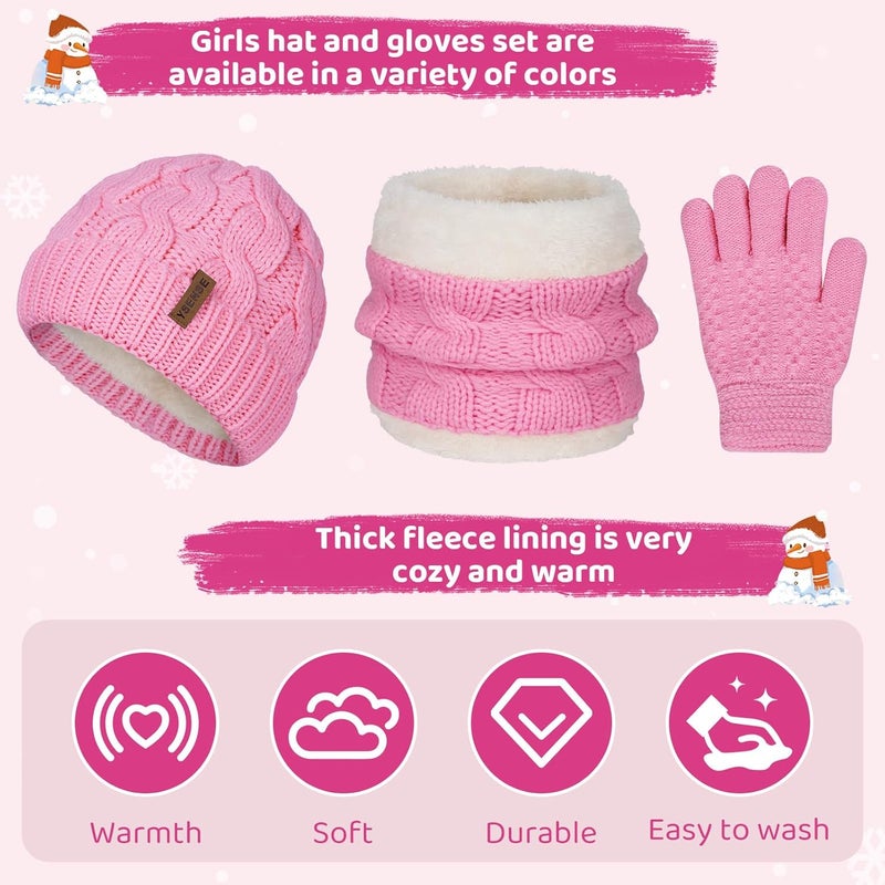 YSense 3 Pcs Kids Winter Beanie Hat Scarf Gloves Set Thick Knit Warm Fleece Fuzzy Lined Beanie Caps Mittens for Boys Girls - Image 4