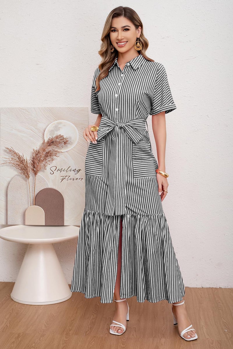 utcoco Women's 2025 Summer Casual Striped Button Down Maxi Dress Tie Waist Short Sleeve Shirt Dress with Pockets (Small, Black) - Image 2