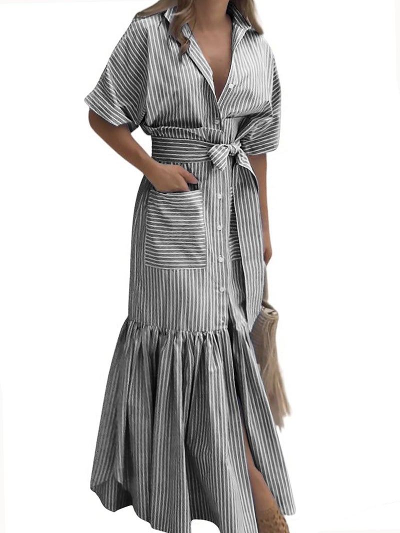 utcoco Women's 2025 Summer Casual Striped Button Down Maxi Dress Tie Waist Short Sleeve Shirt Dress with Pockets (Small, Black) - Image 1