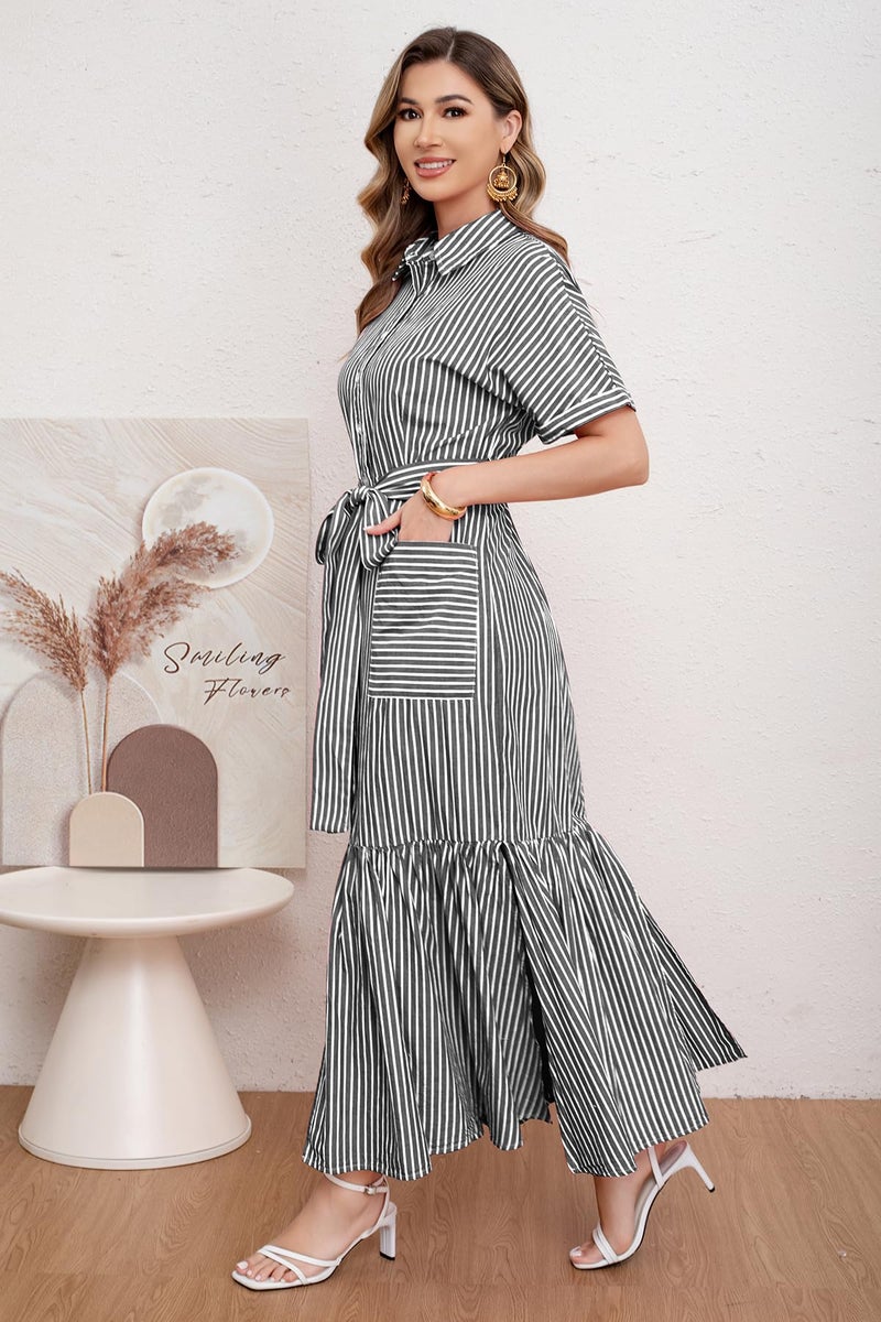 utcoco Women's 2025 Summer Casual Striped Button Down Maxi Dress Tie Waist Short Sleeve Shirt Dress with Pockets (Small, Black) - Image 3