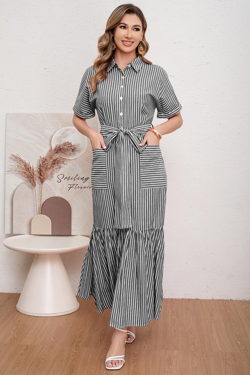 utcoco Women's 2025 Summer Casual Striped Button Down Maxi Dress Tie Waist Short Sleeve Shirt Dress with Pockets (Small, Black) - Image 5