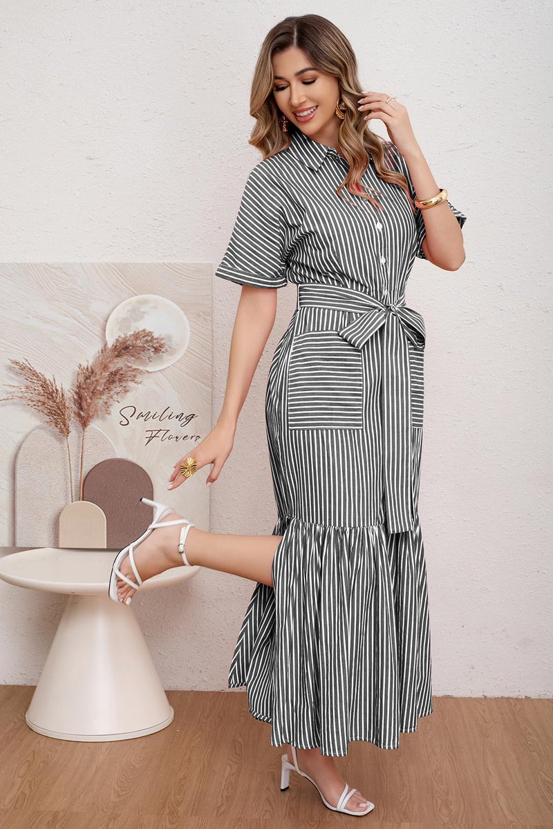 utcoco Women's 2025 Summer Casual Striped Button Down Maxi Dress Tie Waist Short Sleeve Shirt Dress with Pockets (Small, Black) - Image 4