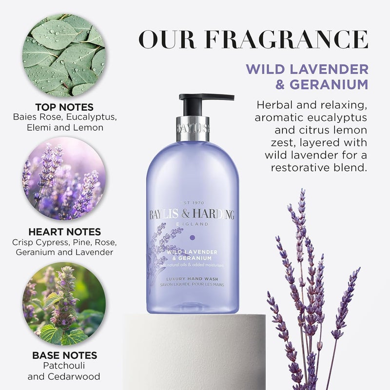 Baylis & Harding Signature Wild Lavender & Geranium Hand Wash 500ml (Pack of 3) - Vegan Friendly - Image 2