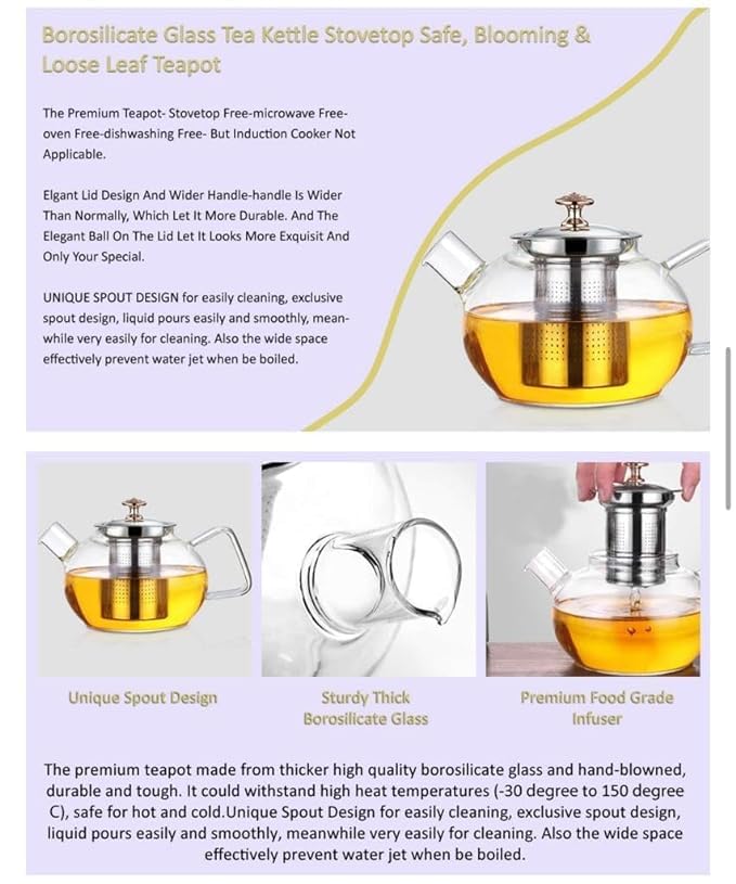 BuntyChiku Green Tea Kettle Strainer 1 Liter Glass KettleTeapot with Stainless Steel Infuser Lid Borosilicate Glass Tea Kettle Stovetop Safe Blooming Loose Leaf Teapot1000 ml - Image 4