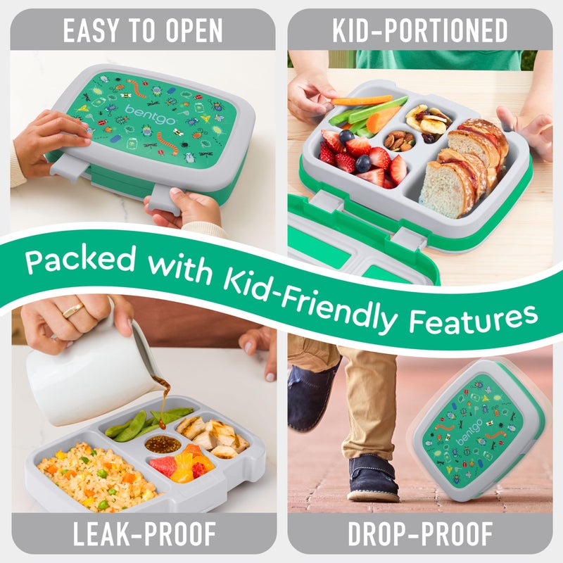 Bentgo Kids Prints Leak-Proof, 5-Compartment Bento-Style Kids Lunch Box - Ideal Portion Sizes for Ages 3-7, Durable, Drop-Proof, Dishwasher Safe, & Made with BPA-Free Materials (Bug Buddies) - Image 4