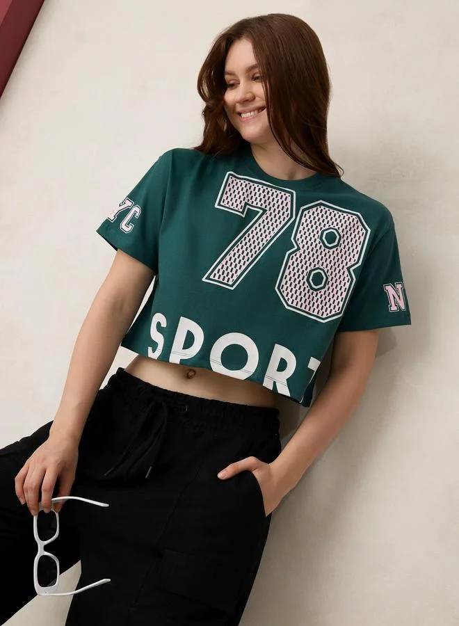 OUTZIDR Green Graphic Boxy Crop T-Shirt - 100% Cotton