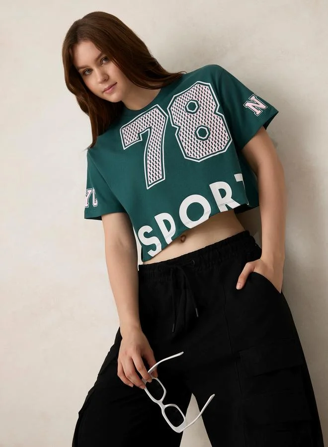 OUTZIDR Green Graphic Boxy Crop T-Shirt - 100% Cotton