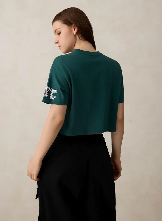 OUTZIDR Green Graphic Boxy Crop T-Shirt - 100% Cotton