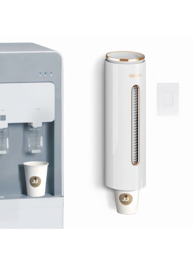 Cup Dispenser Wall Mounted, No Drilling Disposable Cup Holder for Paper/Plastic Cups, Large Capacity Waterproof Dustproof Cup Organizer with Viewable Window, Easy One-Hand Access for Water Cooler Kitchen Office (White, A2102) - Image 1